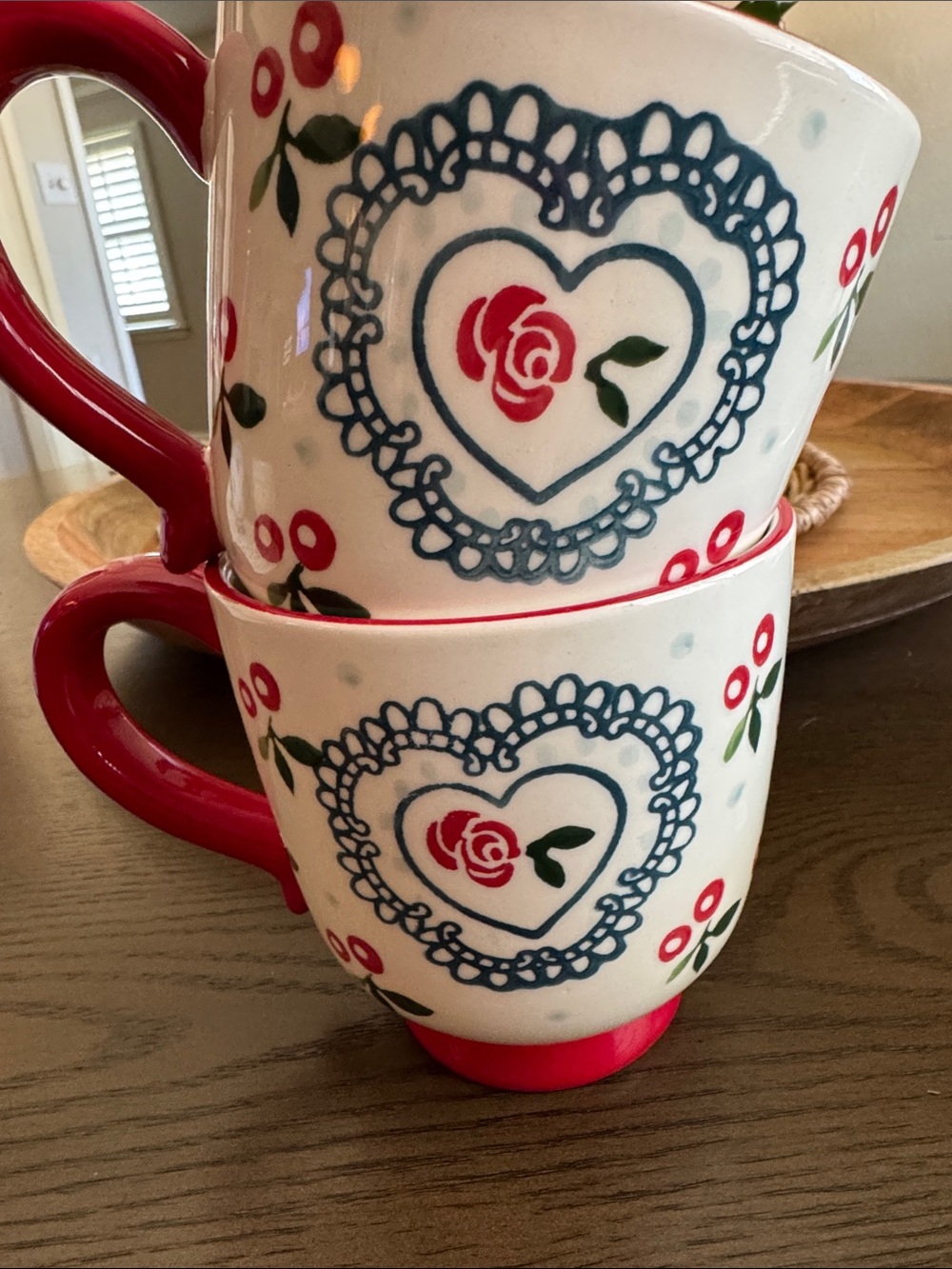 Pair of Potters Studio Ceramic Heart & Rose Pattern Mugs in White and Red